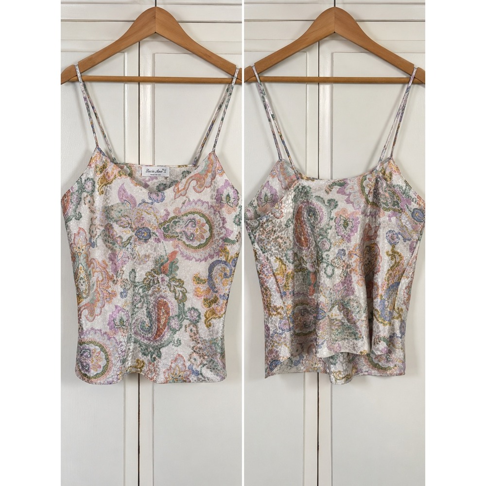 Lucie Ann II Vintage Paisley Camisole Top Pastel V-Neck Spaghetti Strap USA Made